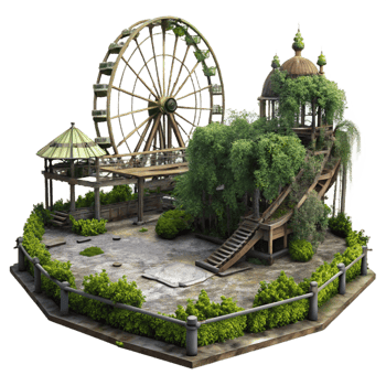 dramatic contemporary An abandoned amusement park, overgrown with vegetation, eerie atmosphere, post-apocalyptic setting, professional png