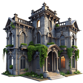 beautiful modern An abandoned Art Nouveau mansion, intricate ironwork and decaying facade, overgrown with ivy, melancholic and romantic mood, twilight lighting high resolution png