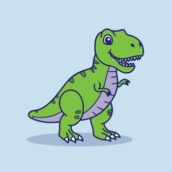 a cute cartoon little green t - rex dinosaur standing on its hind legs vector