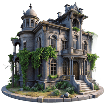 magnificent creative An abandoned Art Nouveau mansion, intricate ironwork and decaying facade, overgrown with ivy, melancholic and romantic mood, twilight lighting authentic png