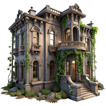 elegant contemporary An abandoned Art Nouveau mansion, intricate ironwork and decaying facade, overgrown with ivy, melancholic and romantic mood, twilight lighting detailed png