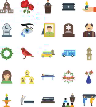 Set of 25 multicolor icons related to death and funeral. Multicolor icon collection. Editable stroke... vector