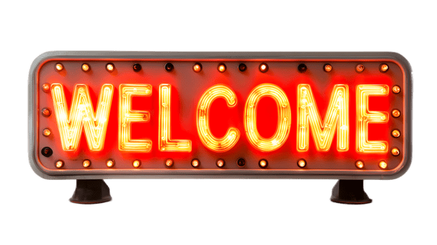 Illuminated Welcome LED Sign at Night for Retail or Business Entrance png