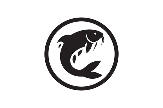 A black and white logo of a fish vector