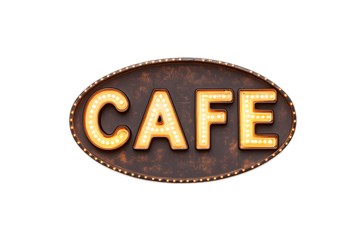 Glowing Illuminated LED Cafe Sign at Night in Urban City Landscape png