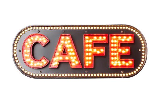 Vibrant LED Cafe Sign Illuminating Storefront at Night png