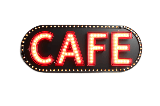 Vibrant Neon Cafe Sign Illuminating the Urban Landscape png