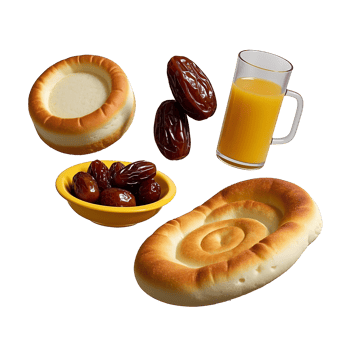 A variety of food items including bread, dates and orange juice png