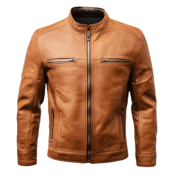 Stylish Brown Leather Jacket with Zipper Closure and Textured Surface in Studio Photography png