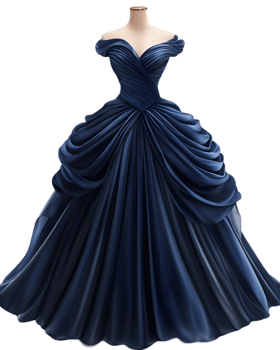 Exquisite Dark Blue Ball Gown with Dramatic Folds Frills and Off Shoulder Design png