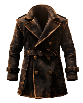 Vintage Leather Coat with Layered Brown Textures and Grunge Detailing png