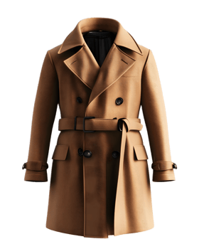 Elegant Double Breasted Tan Coat with Belted Waist and Collared Neckline png