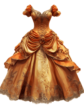 Exquisite Baroque style Gown with Elaborate Embellishments and Ornate Details in Regal Shades of Gold png