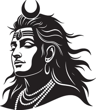 the face of lord shiva, black and white illustration vector