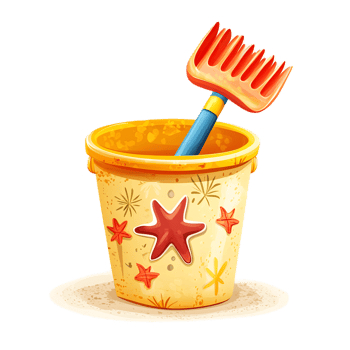 Vibrant Plastic Beach Bucket and Shovel Set on Sandy Shoreline for Seaside Fun and Adventure png