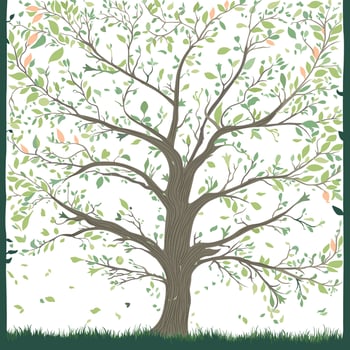 Stylized beautiful tree with lgreen leaves, grass and frame, white background illustration vector