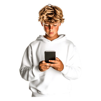 Teen Boy Wearing White Hoodie Looking at a Smartphone Device png