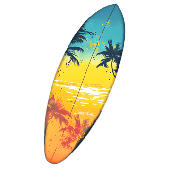 Vibrant Tropical Surfboard with Palm Trees and Sunset png
