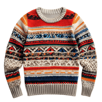 Colorful Knitted Sweater with Retro Nordic Patterns for Warm Cozy and Stylish Winter Outfit png