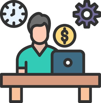 A man sitting at a desk with a laptop and money icons vector
