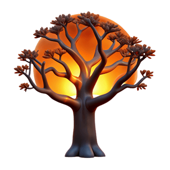 dramatic rustic A lone, gnarled oak tree silhouetted against a fiery orange sunset, dark and moody photography original png