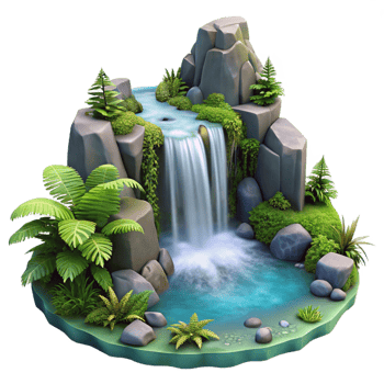 magnificent rustic A cascading waterfall plunging into a misty pool, surrounded by lush ferns and moss, fantasy art style detailed png