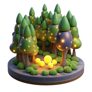 vibrant minimalist A group of fireflies illuminating a dark forest clearing, magical realism, ethereal glow 4K png