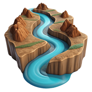 magnificent artistic A winding river cutting through a canyon landscape, aerial photography, dramatic perspective original png