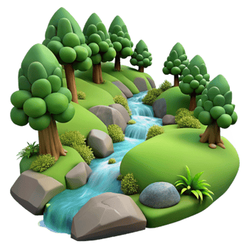 wonderful abstract A babbling brook flowing through a mossy forest, tranquil and serene, landscape photography premium png