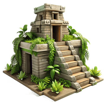 beautiful classic A crumbling Mayan temple overtaken by jungle vines, dappled sunlight, hyperrealistic, original png