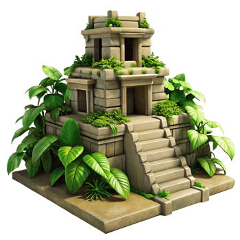 extraordinary rustic A crumbling Mayan temple overtaken by jungle vines, dappled sunlight, hyperrealistic, genuine png