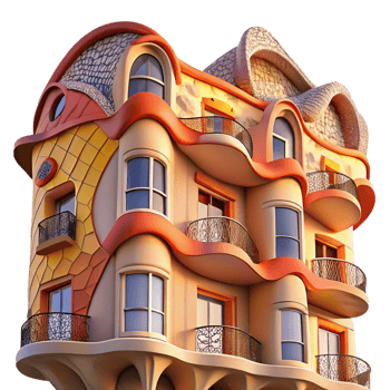 impressive contemporary Gaudi-inspired apartment building with swirling balconies and colorful mosaics, warm sunset light, Art Nouveau, genuine png