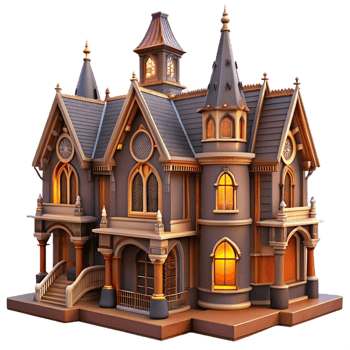 stunning classic An intricate Victorian mansion with ornate carvings and stained glass windows, warm interior lighting, Gothic Revival, authentic png