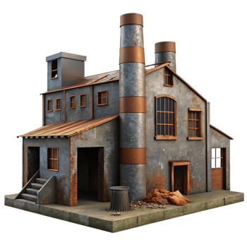 dramatic modern An abandoned industrial factory with rusted metal and broken windows, dim overcast light, dystopian, high quality png