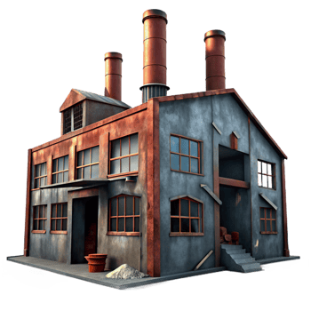 beautiful vintage An abandoned industrial factory with rusted metal and broken windows, dim overcast light, dystopian, authentic png