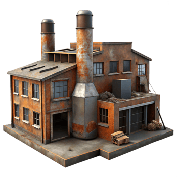 beautiful minimalist An abandoned industrial factory with rusted metal and broken windows, dim overcast light, dystopian, exclusive png