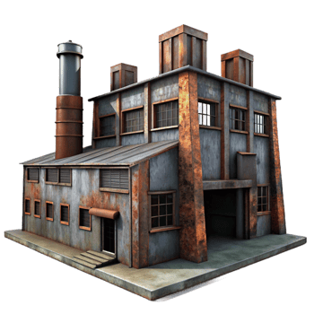 serene rustic An abandoned industrial factory with rusted metal and broken windows, dim overcast light, dystopian, high resolution png