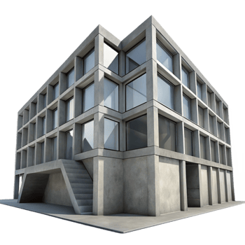 impressive rustic A Brutalist concrete library with large geometric windows, stark shadows, monochrome, premium png