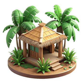 elegant contemporary A bamboo and thatch hut in a tropical rainforest, humid, dappled light, premium png