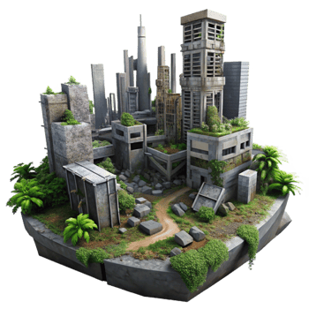 dramatic artistic A post-apocalyptic city in ruins, overgrown with vegetation, dim overcast light, dystopian, original png