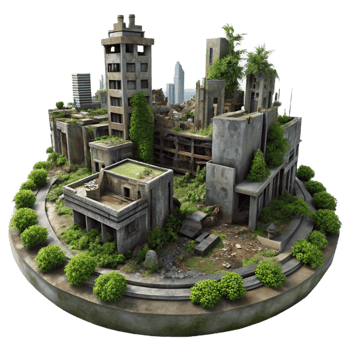 serene traditional A post-apocalyptic city in ruins, overgrown with vegetation, dim overcast light, dystopian, high quality png