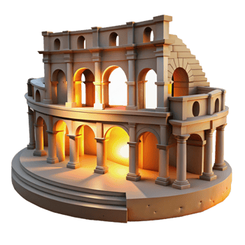 serene modern A crumbling Roman amphitheater, golden sunset light, ancient, original png