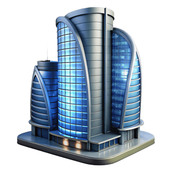 extraordinary artistic A modern skyscraper with a curved glass facade, reflecting the city lights, night, professional png