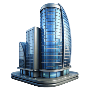 magnificent creative A modern skyscraper with a curved glass facade, reflecting the city lights, night, high quality png