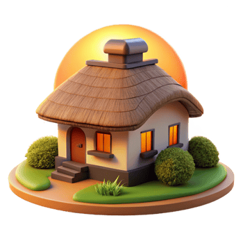 dramatic traditional A traditional thatched cottage in a rural landscape, warm sunset light, idyllic, high quality png