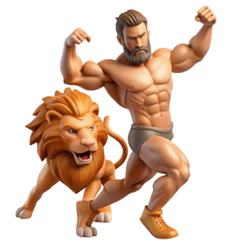 beautiful classic A triumphant Hercules slaying the Nemean lion, muscles straining, dynamic action pose, comic book style authentic png