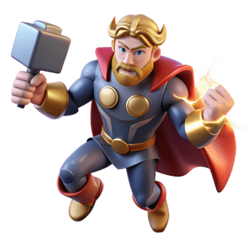 stunning classic A powerful Thor wielding Mjolnir, lightning crackling around him, dramatic comic book art style genuine png