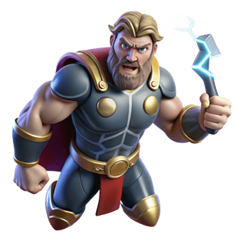 elegant classic A powerful Thor wielding Mjolnir, lightning crackling around him, dramatic comic book art style exclusive png