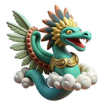 serene abstract A benevolent Quetzalcoatl, the feathered serpent god, descending from the heavens, Mesoamerican art style genuine png