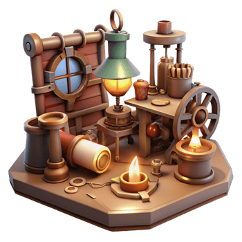 impressive abstract A cluttered steampunk workshop, filled with tools, gears, and half-finished inventions, lit by a single oil lamp, painterly style authentic png